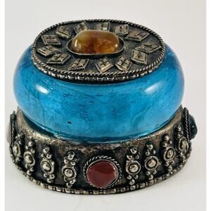 Vintage Boho Style Blue Glass Trinket Box 2.5” Ornate Metal/Gem Cabochons
